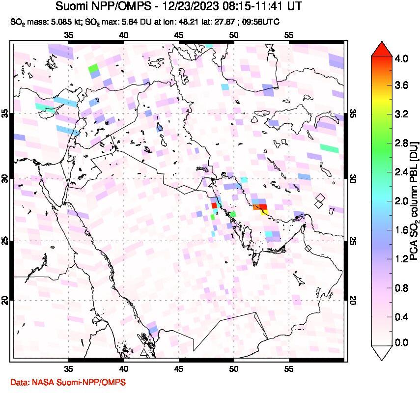 A sulfur dioxide image over Middle East on Dec 23, 2023.