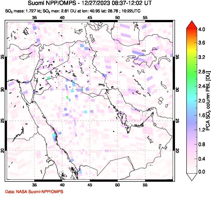 A sulfur dioxide image over Middle East on Dec 27, 2023.