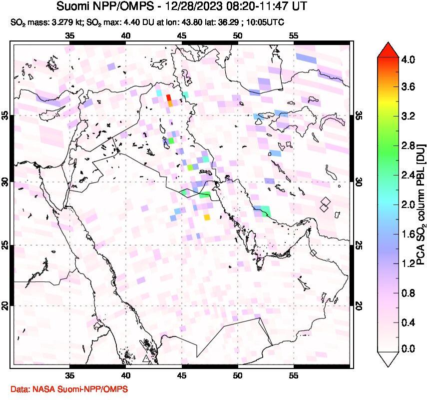 A sulfur dioxide image over Middle East on Dec 28, 2023.