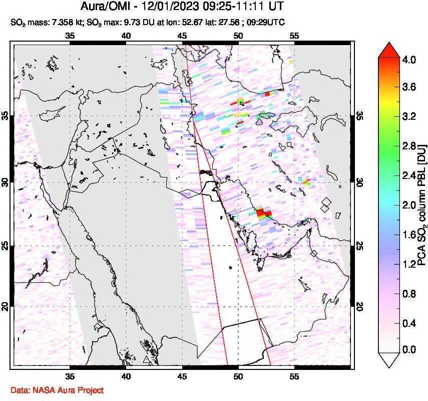 A sulfur dioxide image over Middle East on Dec 01, 2023.