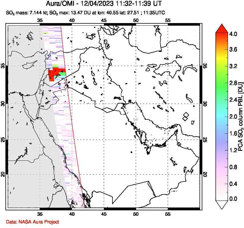 A sulfur dioxide image over Middle East on Dec 04, 2023.