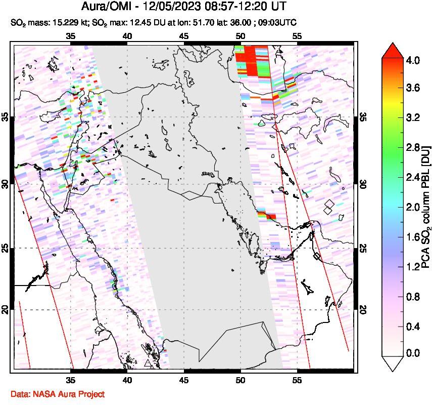 A sulfur dioxide image over Middle East on Dec 05, 2023.