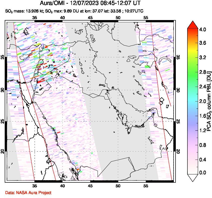 A sulfur dioxide image over Middle East on Dec 07, 2023.
