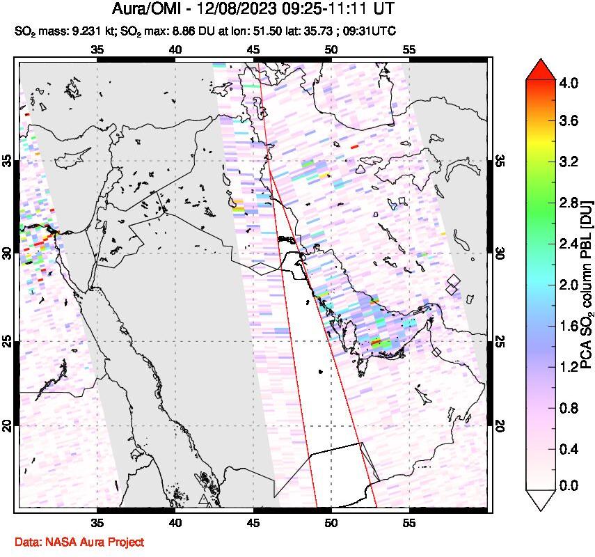 A sulfur dioxide image over Middle East on Dec 08, 2023.