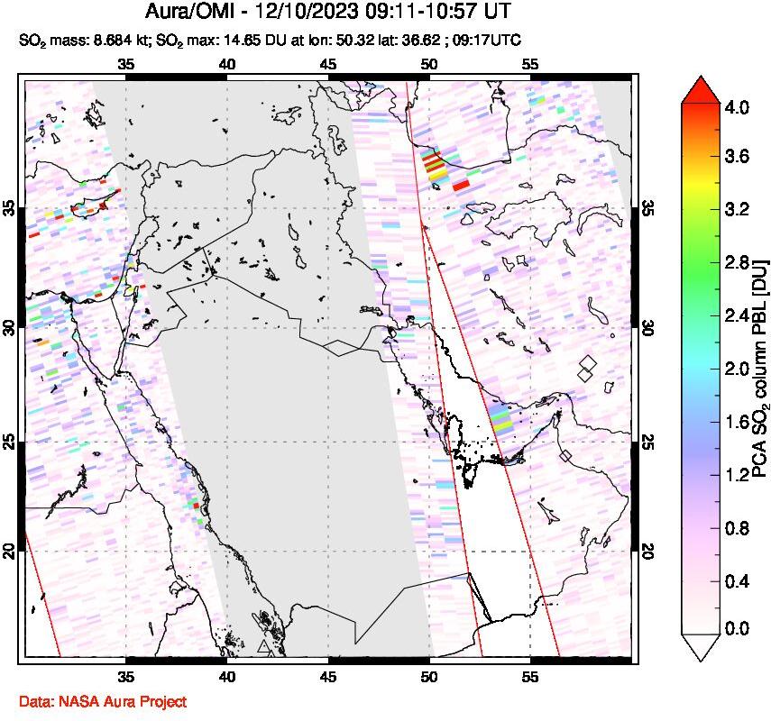 A sulfur dioxide image over Middle East on Dec 10, 2023.