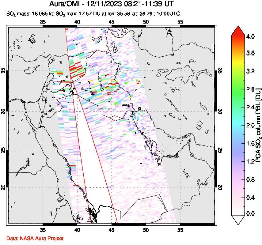 A sulfur dioxide image over Middle East on Dec 11, 2023.