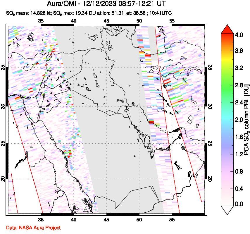 A sulfur dioxide image over Middle East on Dec 12, 2023.