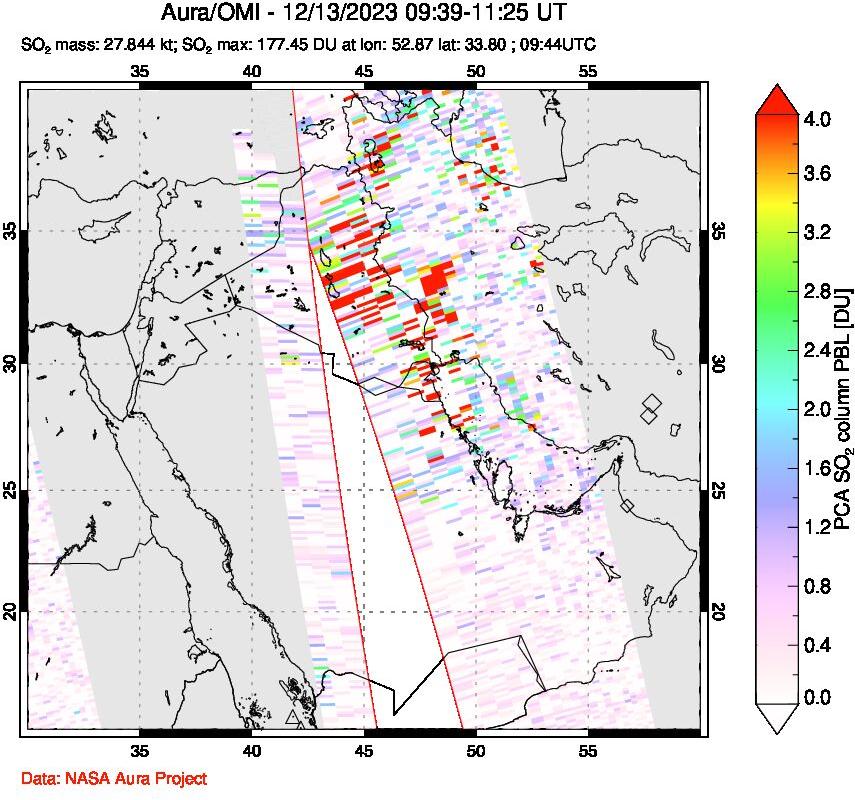 A sulfur dioxide image over Middle East on Dec 13, 2023.