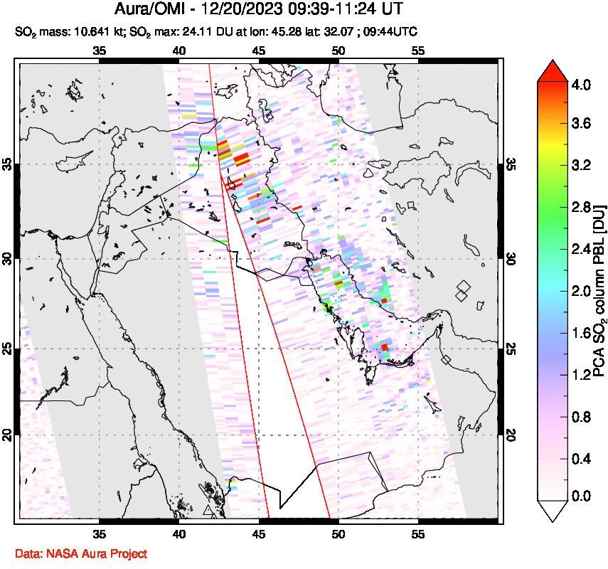 A sulfur dioxide image over Middle East on Dec 20, 2023.