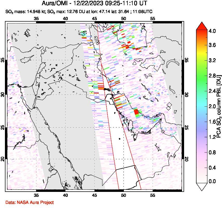 A sulfur dioxide image over Middle East on Dec 22, 2023.