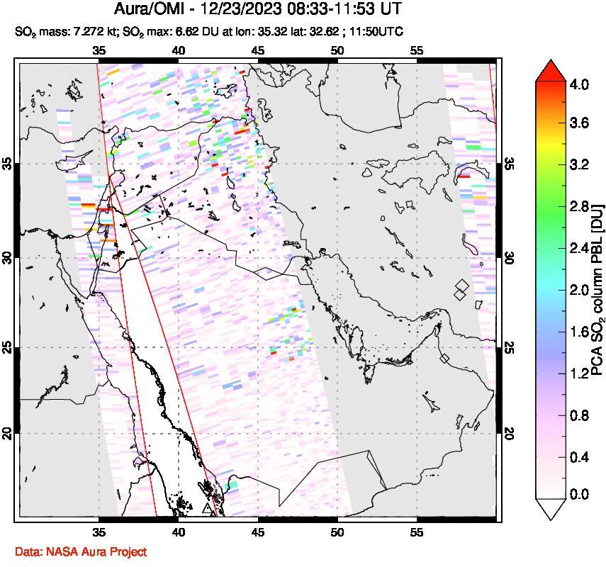 A sulfur dioxide image over Middle East on Dec 23, 2023.