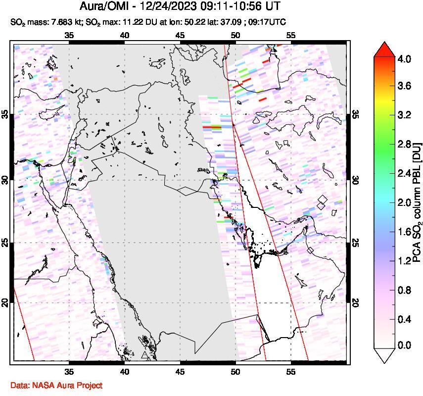 A sulfur dioxide image over Middle East on Dec 24, 2023.