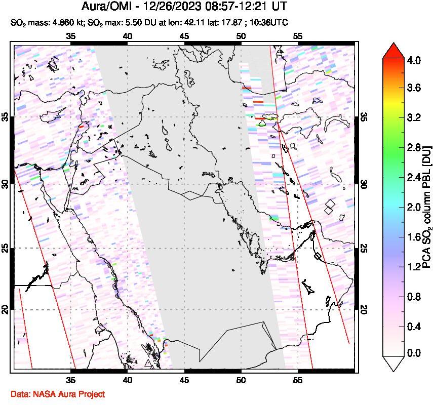A sulfur dioxide image over Middle East on Dec 26, 2023.