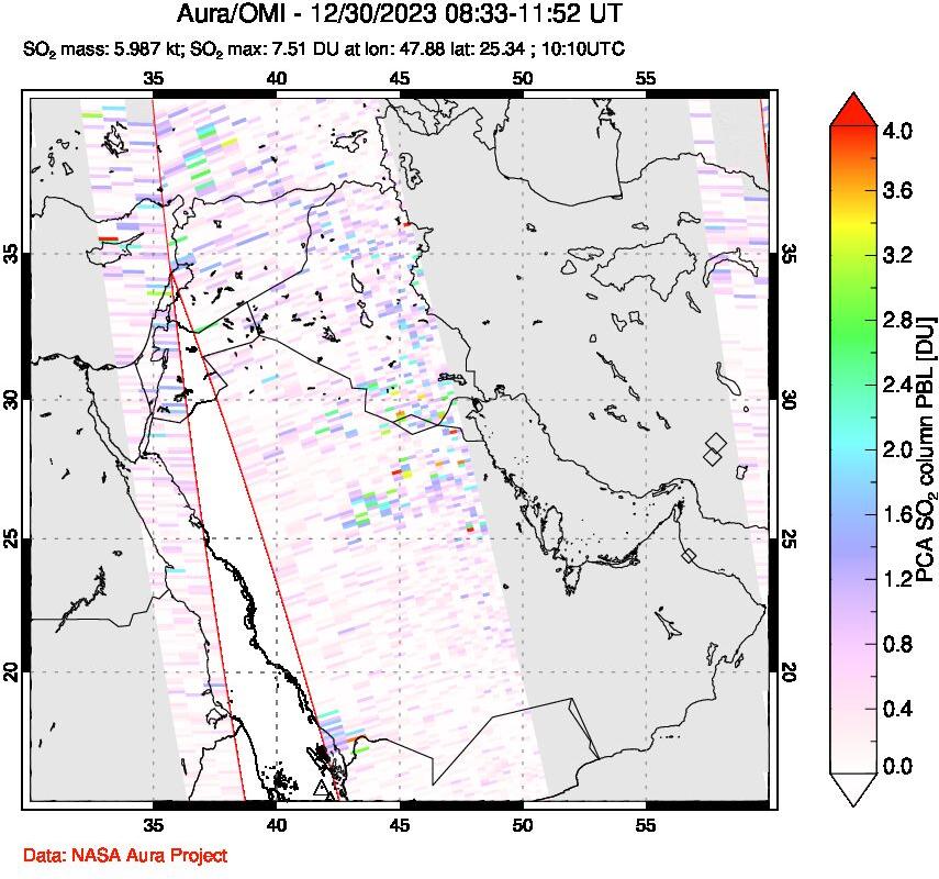 A sulfur dioxide image over Middle East on Dec 30, 2023.