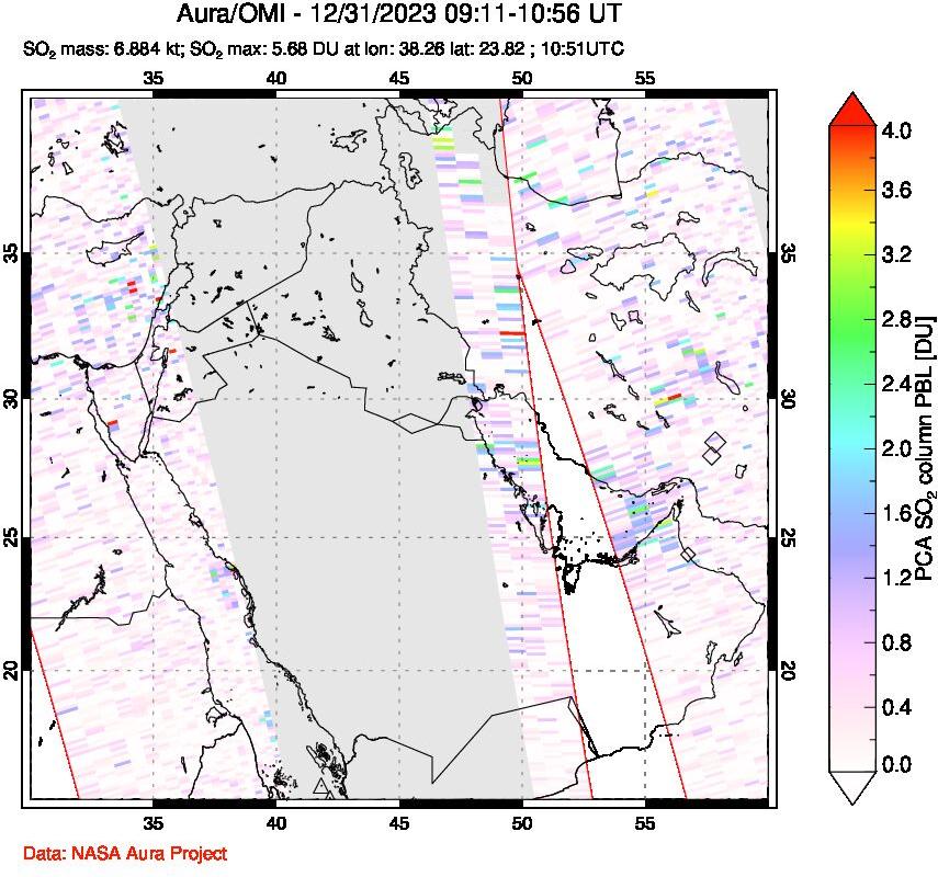 A sulfur dioxide image over Middle East on Dec 31, 2023.
