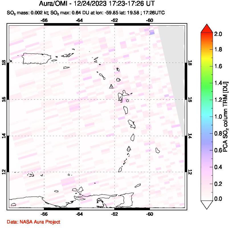 A sulfur dioxide image over Montserrat, West Indies on Dec 24, 2023.