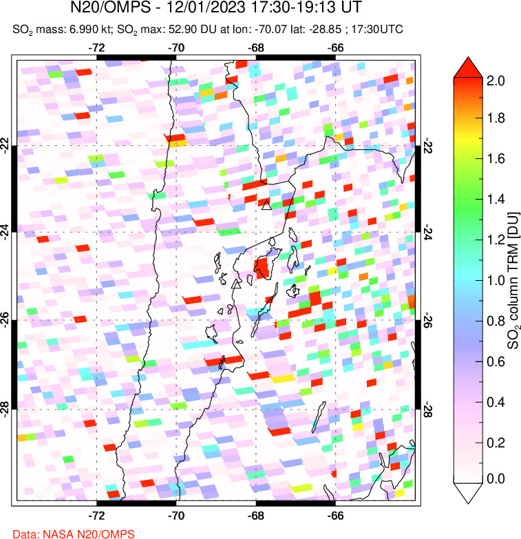 A sulfur dioxide image over Northern Chile on Dec 01, 2023.