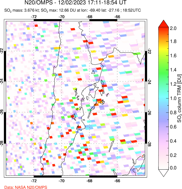 A sulfur dioxide image over Northern Chile on Dec 02, 2023.