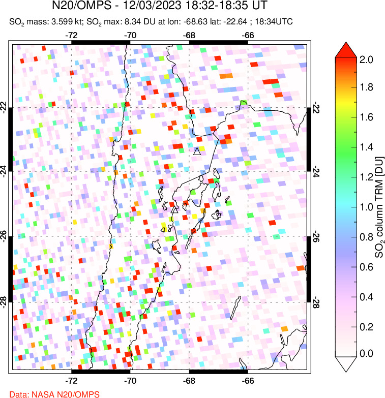 A sulfur dioxide image over Northern Chile on Dec 03, 2023.