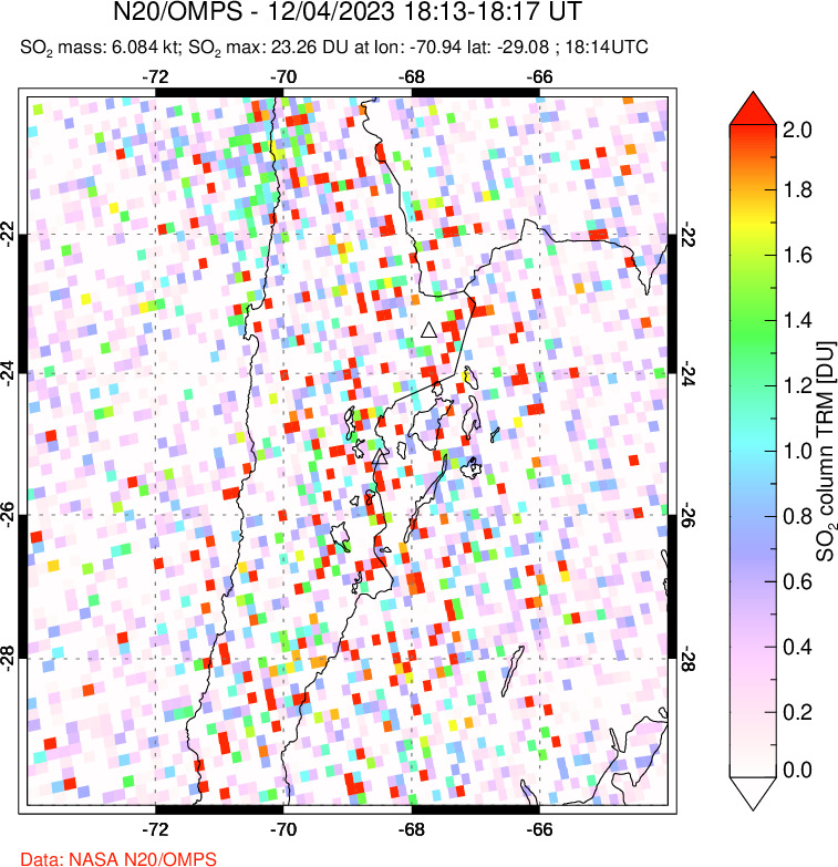 A sulfur dioxide image over Northern Chile on Dec 04, 2023.