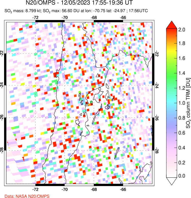 A sulfur dioxide image over Northern Chile on Dec 05, 2023.