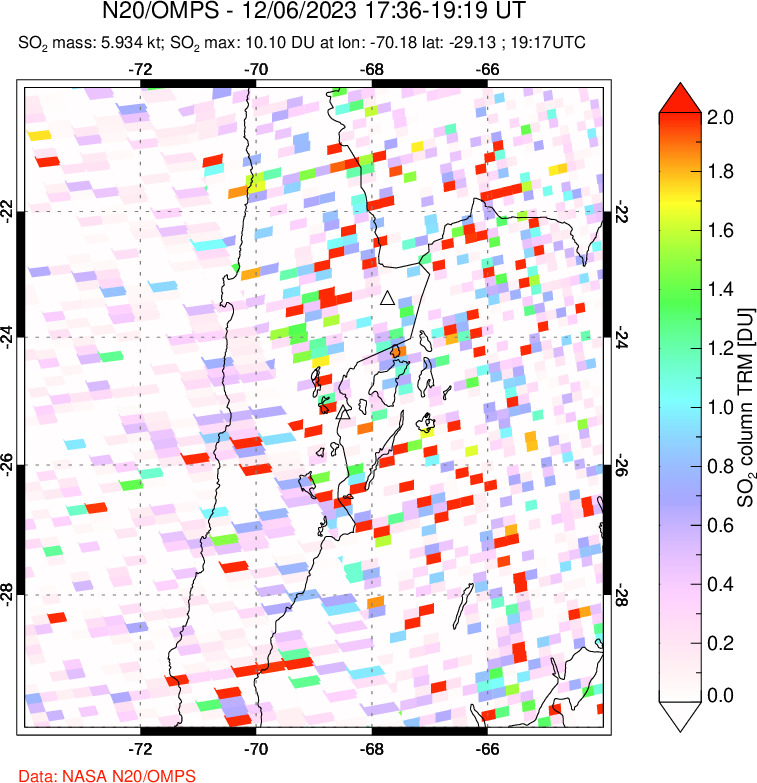 A sulfur dioxide image over Northern Chile on Dec 06, 2023.