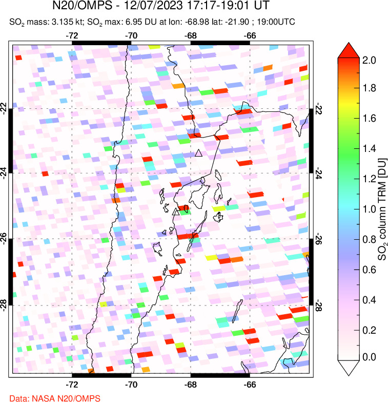 A sulfur dioxide image over Northern Chile on Dec 07, 2023.