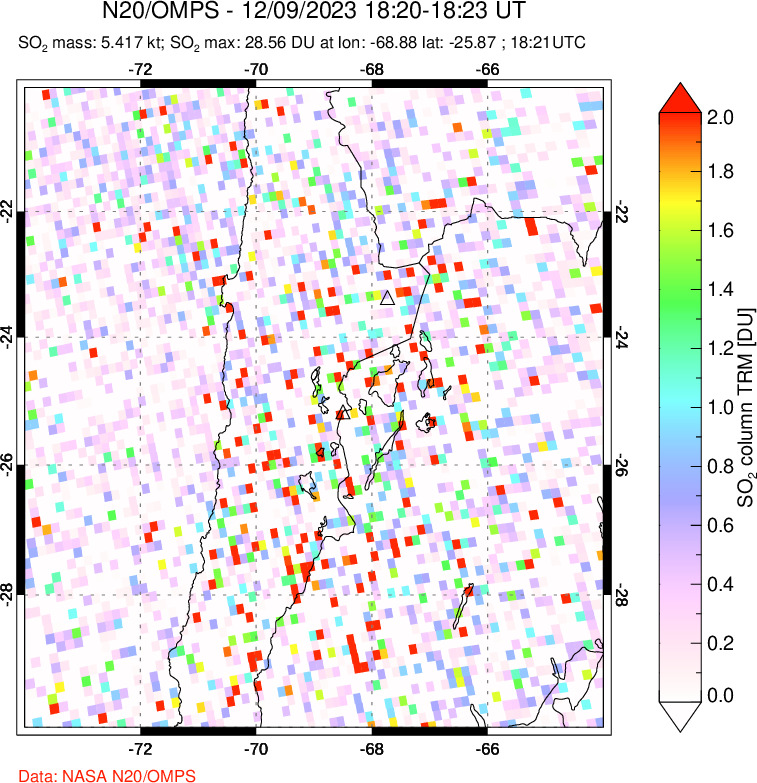 A sulfur dioxide image over Northern Chile on Dec 09, 2023.