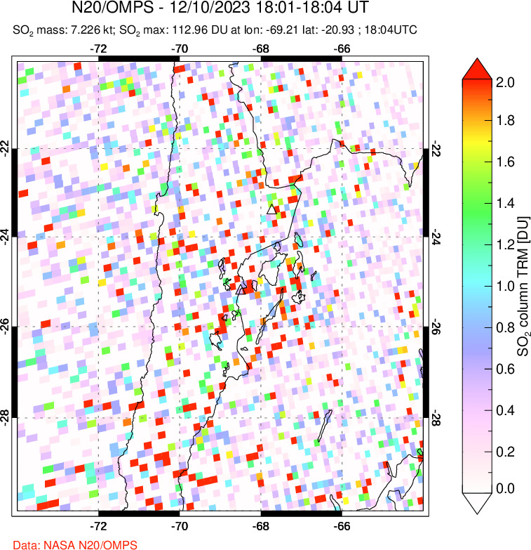 A sulfur dioxide image over Northern Chile on Dec 10, 2023.