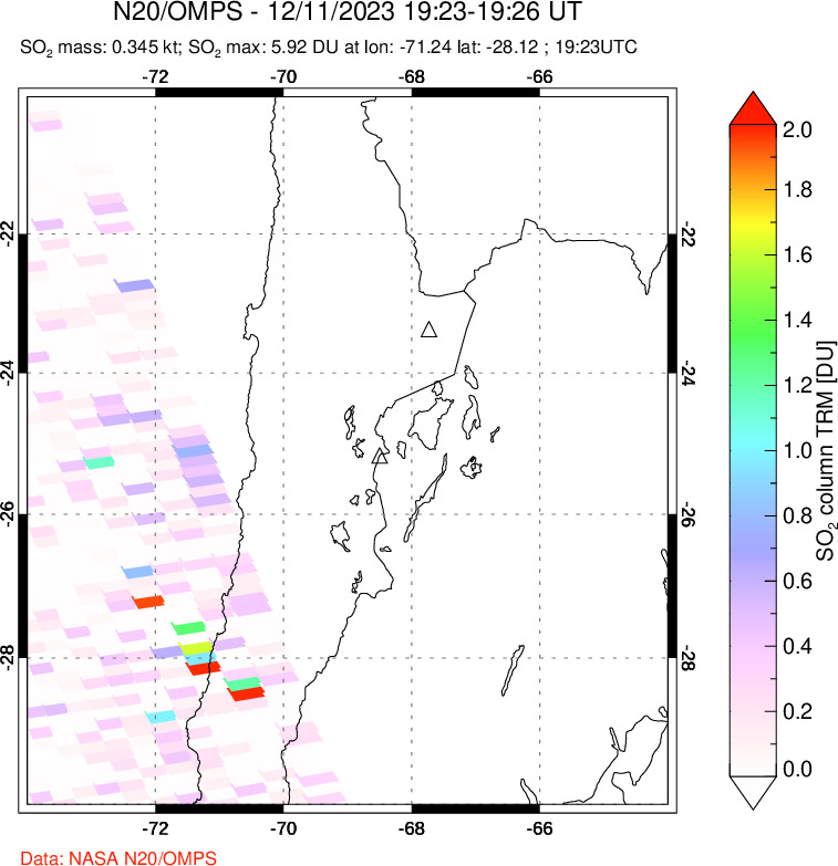 A sulfur dioxide image over Northern Chile on Dec 11, 2023.