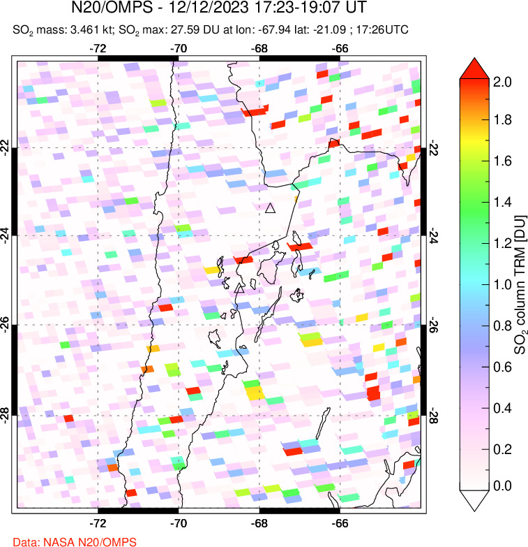 A sulfur dioxide image over Northern Chile on Dec 12, 2023.