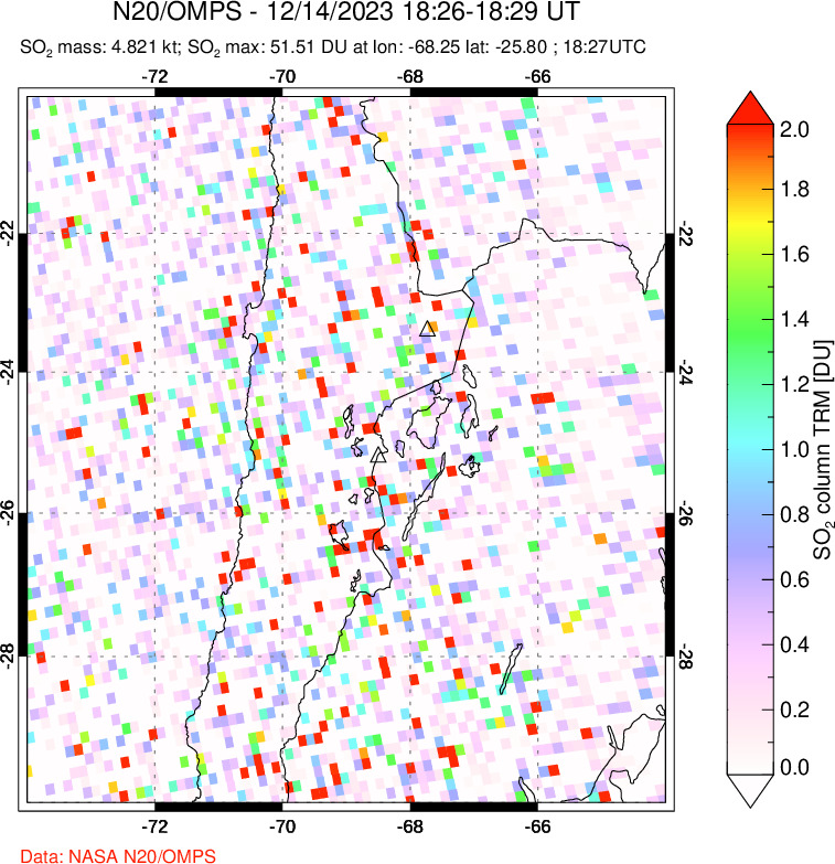 A sulfur dioxide image over Northern Chile on Dec 14, 2023.