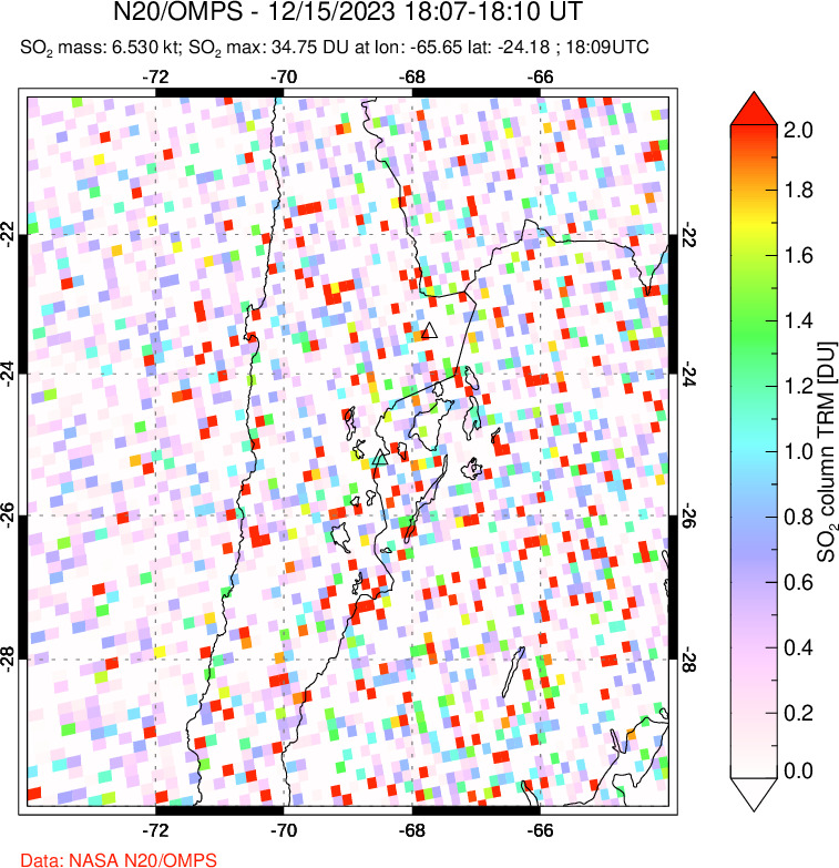 A sulfur dioxide image over Northern Chile on Dec 15, 2023.