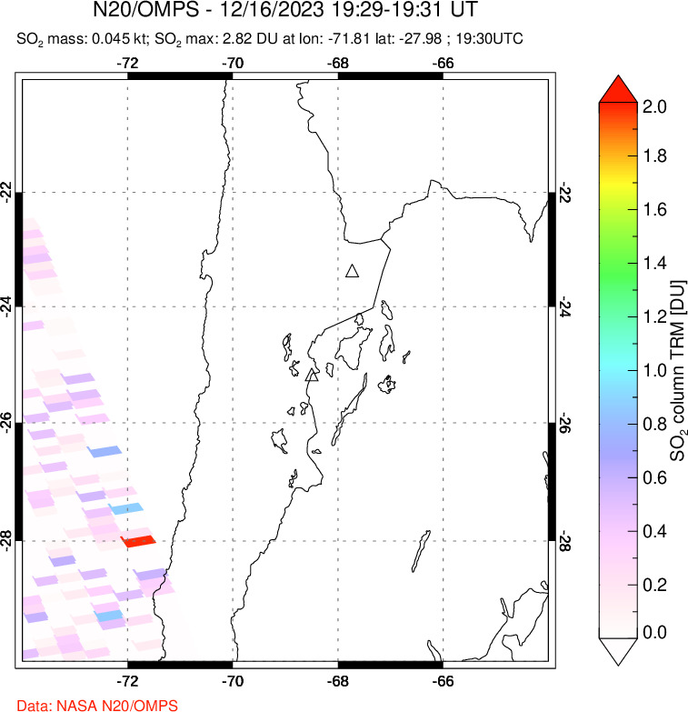 A sulfur dioxide image over Northern Chile on Dec 16, 2023.