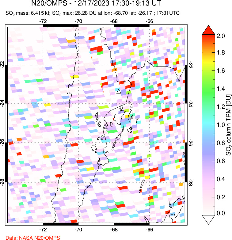 A sulfur dioxide image over Northern Chile on Dec 17, 2023.