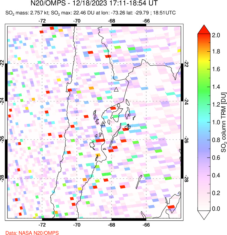 A sulfur dioxide image over Northern Chile on Dec 18, 2023.