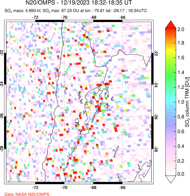 A sulfur dioxide image over Northern Chile on Dec 19, 2023.