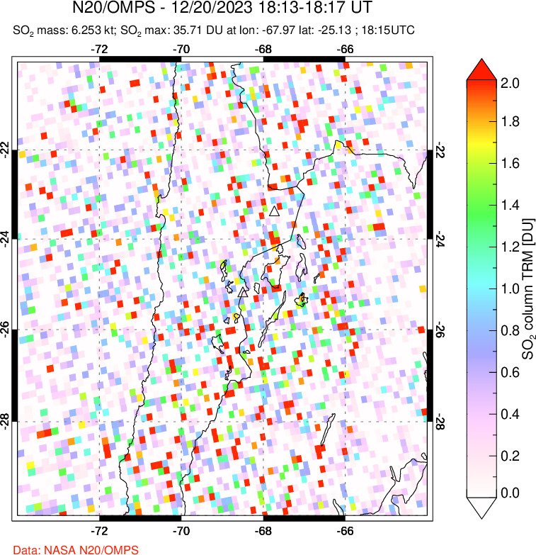 A sulfur dioxide image over Northern Chile on Dec 20, 2023.