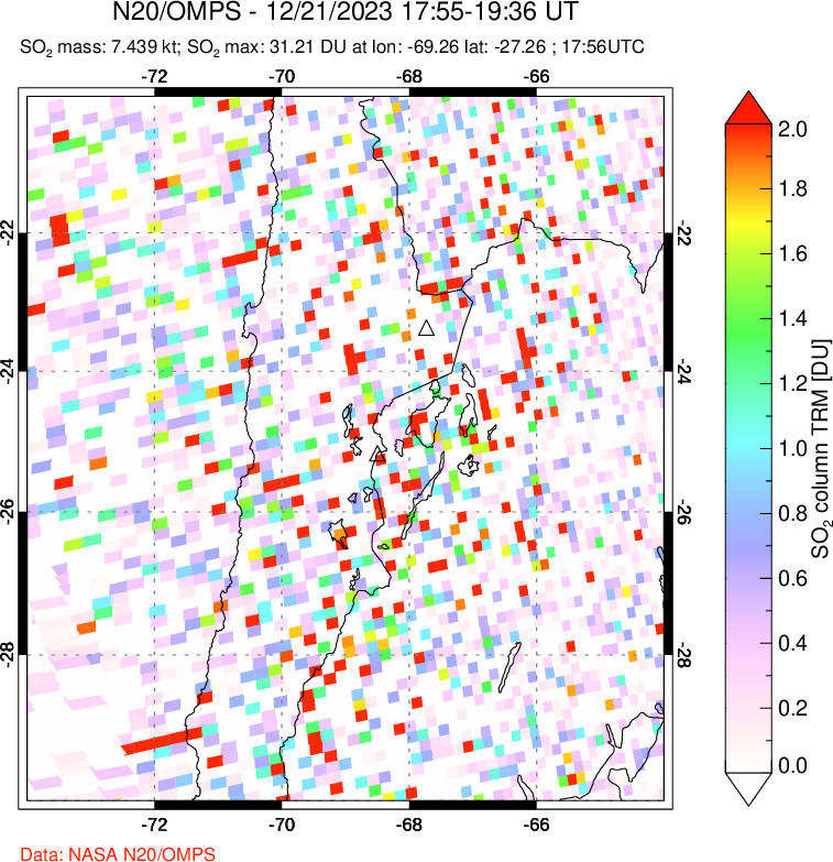 A sulfur dioxide image over Northern Chile on Dec 21, 2023.