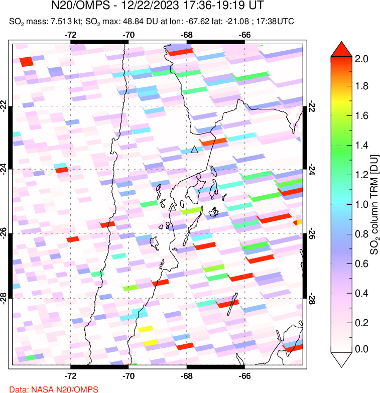 A sulfur dioxide image over Northern Chile on Dec 22, 2023.