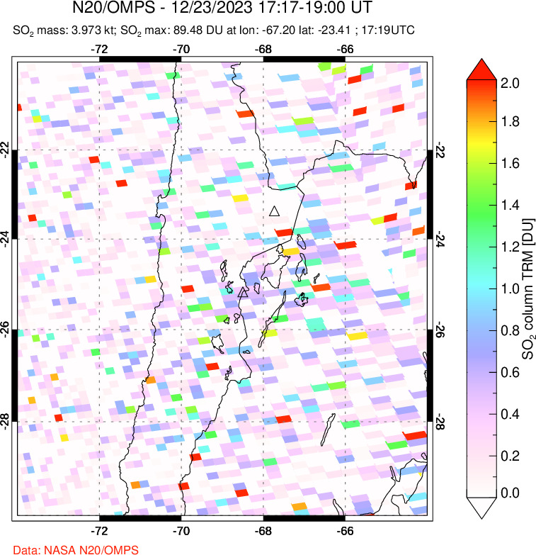 A sulfur dioxide image over Northern Chile on Dec 23, 2023.