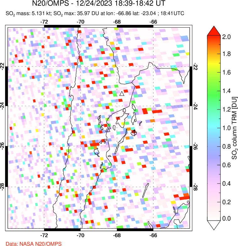 A sulfur dioxide image over Northern Chile on Dec 24, 2023.