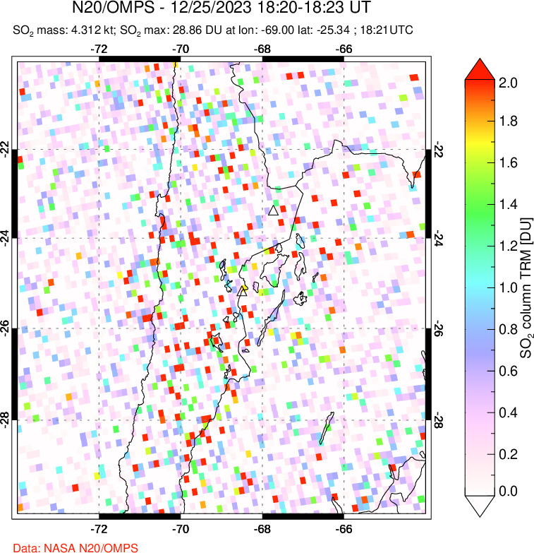 A sulfur dioxide image over Northern Chile on Dec 25, 2023.