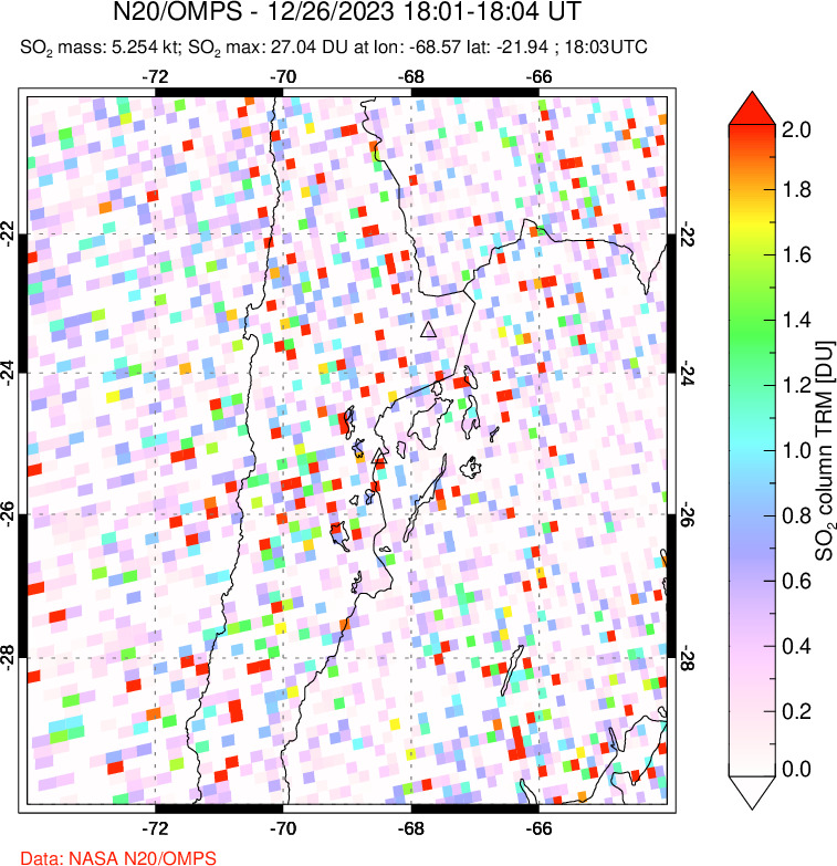 A sulfur dioxide image over Northern Chile on Dec 26, 2023.