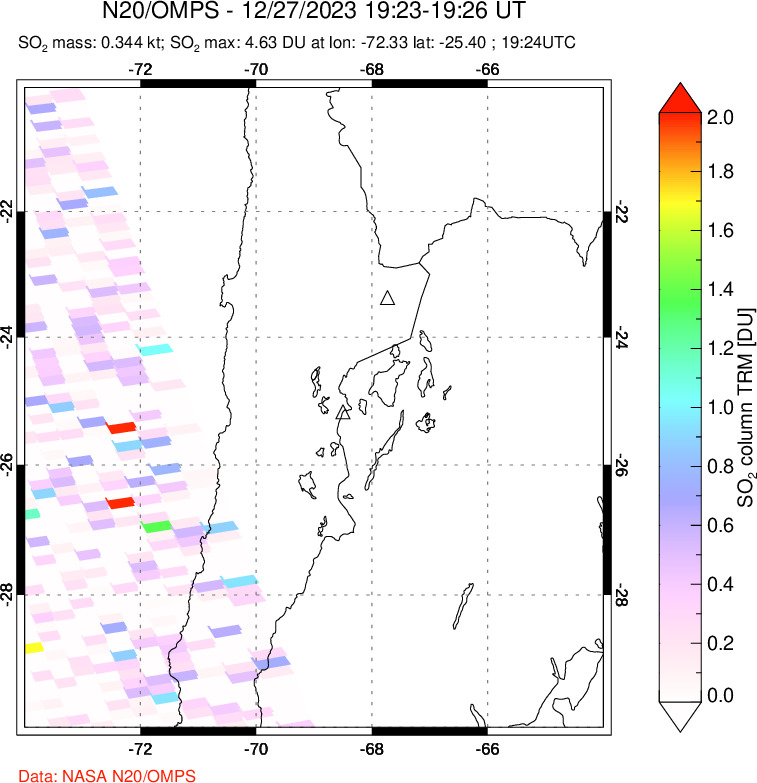 A sulfur dioxide image over Northern Chile on Dec 27, 2023.