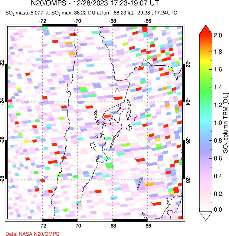 A sulfur dioxide image over Northern Chile on Dec 28, 2023.