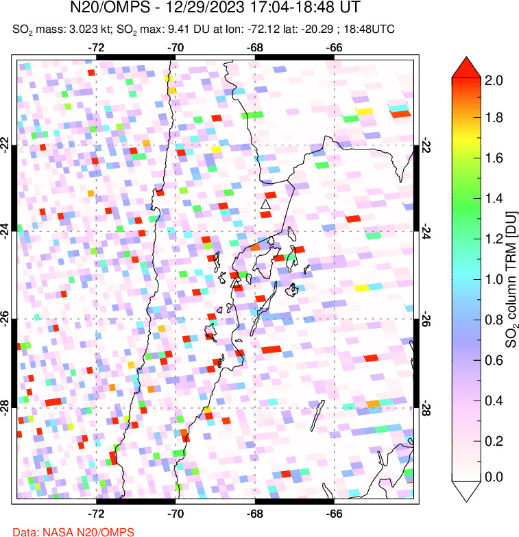 A sulfur dioxide image over Northern Chile on Dec 29, 2023.