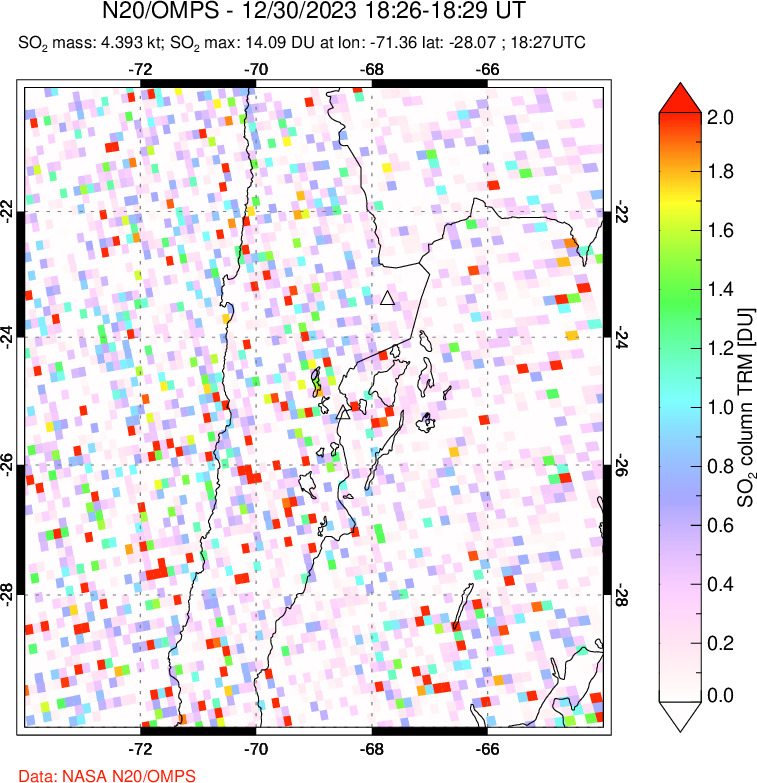 A sulfur dioxide image over Northern Chile on Dec 30, 2023.