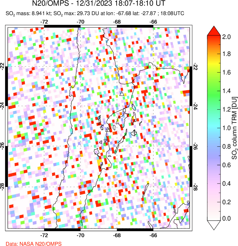 A sulfur dioxide image over Northern Chile on Dec 31, 2023.