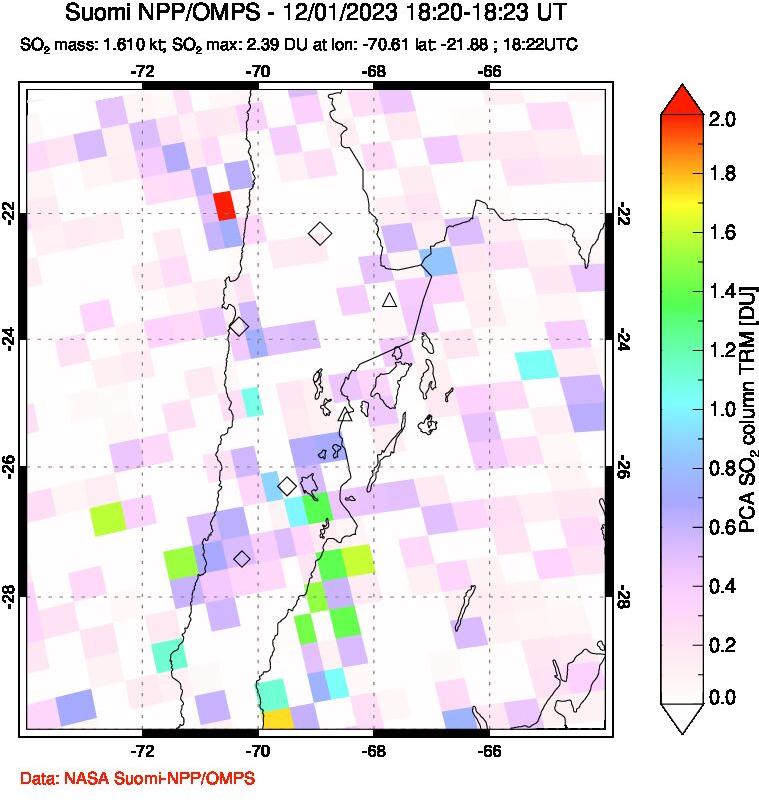 A sulfur dioxide image over Northern Chile on Dec 01, 2023.